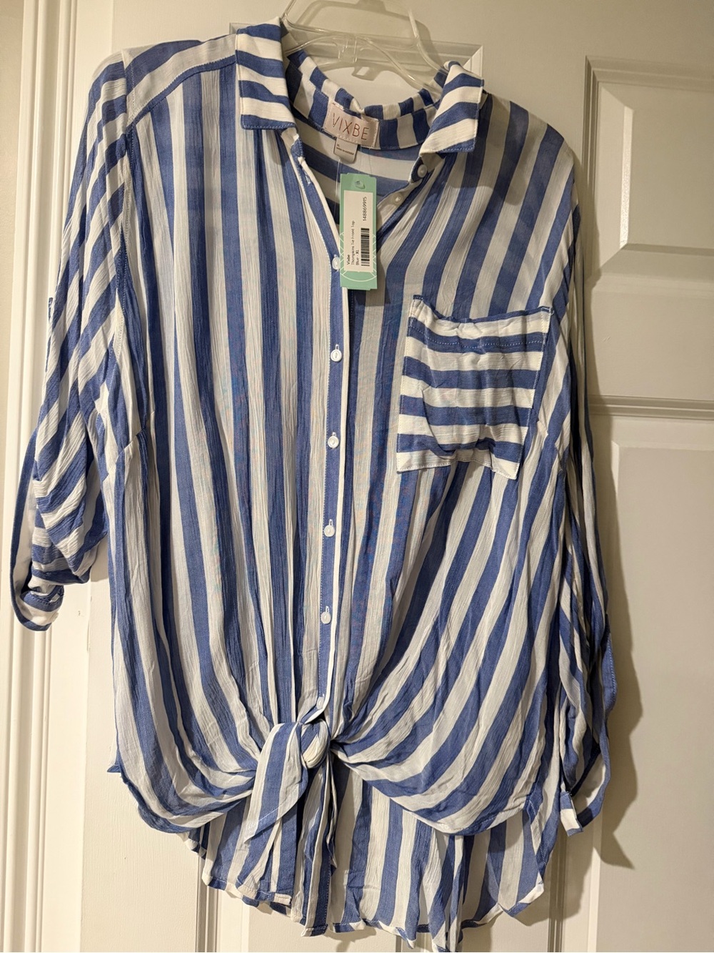 Blue & White Striped Tie-Front Button-Up Shirt